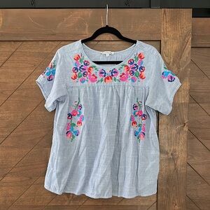 Anthropologie Blue Floral Embroidered Top